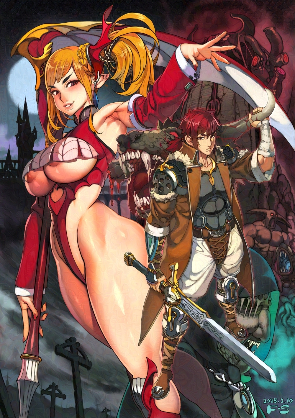 1girl 2025 areola_slip armpits artist_name blonde_hair blood breasts commentary dated english_commentary f.s. highres holding holding_scythe holding_sword holding_weapon mixed-language_commentary monster original pointy_ears red_hair red_nails scythe sword weapon