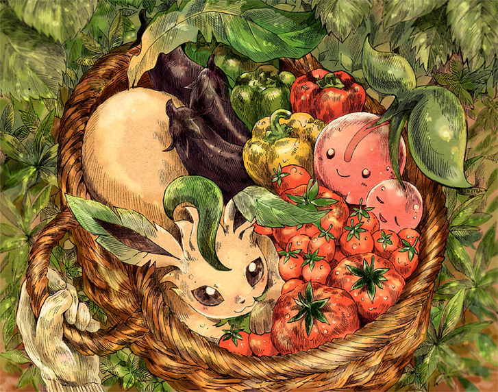 :3 :d basket bell_pepper brown_eyes cherubi closed_eyes closed_mouth eggplant from_above gen_4_pokemon gloves green_bell_pepper leaf leafeon lying matsuri_(matsuike) nintendo on_stomach open_mouth out_of_frame plant pokemon pokemon_(creature) pov pov_hands red_pepper smile tomato white_gloves yellow_pepper