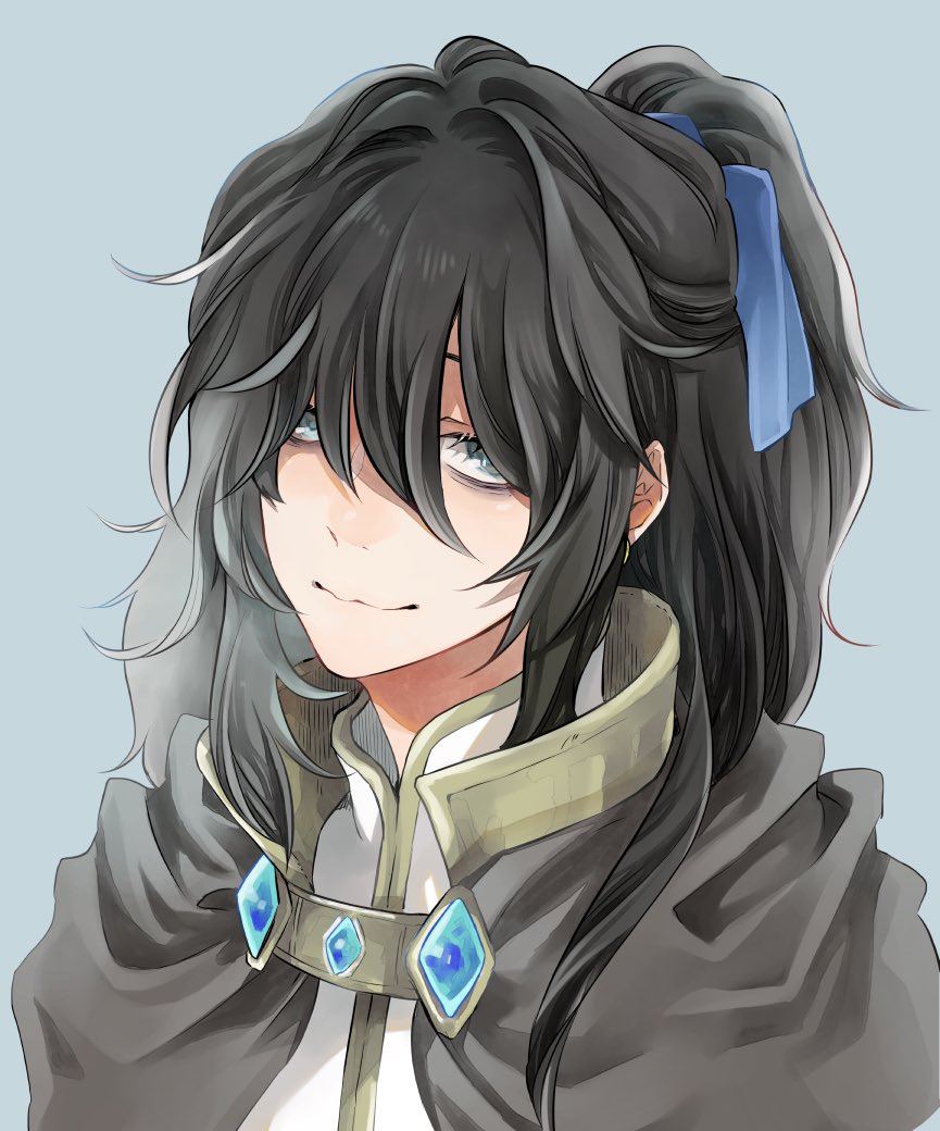 1boy bags_under_eyes black_cape black_hair blue_background cape closed_mouth grey_eyes high_ponytail long_hair looking_at_viewer male_focus messy_hair ponytail ragnarok_online shirt simple_background smile solo upper_body warlock_(ragnarok_online) wavy_mouth white_shirt yutsuki