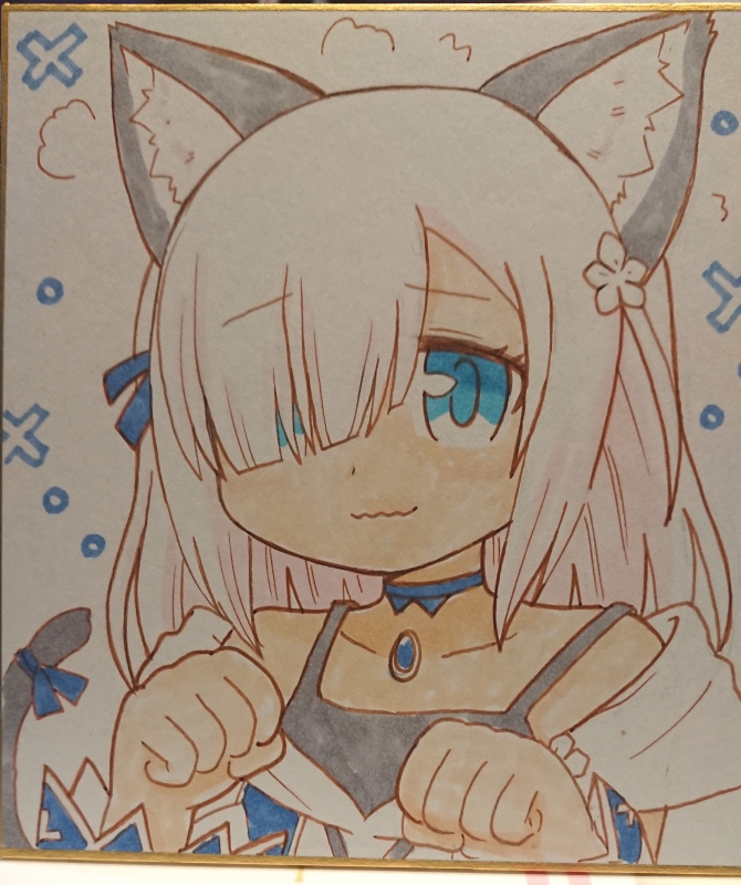 1girl animal_ear_fluff animal_ears bad_id bad_twitter_id bare_shoulders blue_choker blue_eyes blue_ribbon cat_ears cat_girl cat_tail choker closed_mouth collarbone dot_nose flower grey_hair hair_flower hair_ornament hair_over_one_eye hair_ribbon hands_up hood isuzu_ren long_hair looking_at_viewer magia_record:_mahou_shoujo_madoka_magica_gaiden magical_girl mahou_shoujo_madoka_magica marker_(medium) paw_pose reverse_(bluefencer) ribbon solo tail traditional_media upper_body wavy_mouth white_flower