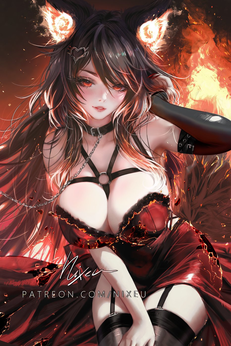 1girl animal_collar animal_ears between_breasts black_collar black_garter_straps black_hair black_sleeves breasts chain chain_leash collar covered_navel detached_sleeves dress fiery_ears garter_straps hair_ornament heart heart_hair_ornament highres indie_virtual_youtuber leaning_forward leash long_hair multicolored_hair nixeu o-ring patreon_username red_dress red_eyes signature sinder_(vtuber) single_detached_sleeve solo streaked_hair thighhighs torn_clothes torn_sleeves virtual_youtuber white_hair wolf_ears wolf_girl
