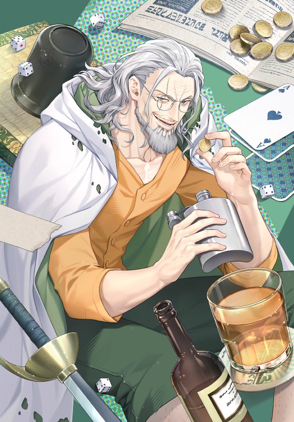 1boy alcohol beard cape card coin commentary_request cup dice facial_hair glasses green_pants hip_flask holding holding_coin hood hooded_cape long_sleeves male_focus medium_hair mustache_stubble newspaper one_piece orange_shirt pants scar scar_across_eye scar_on_face shirt silvers_rayleigh smile solo stubble sword weapon white_cape white_hair yoshicha