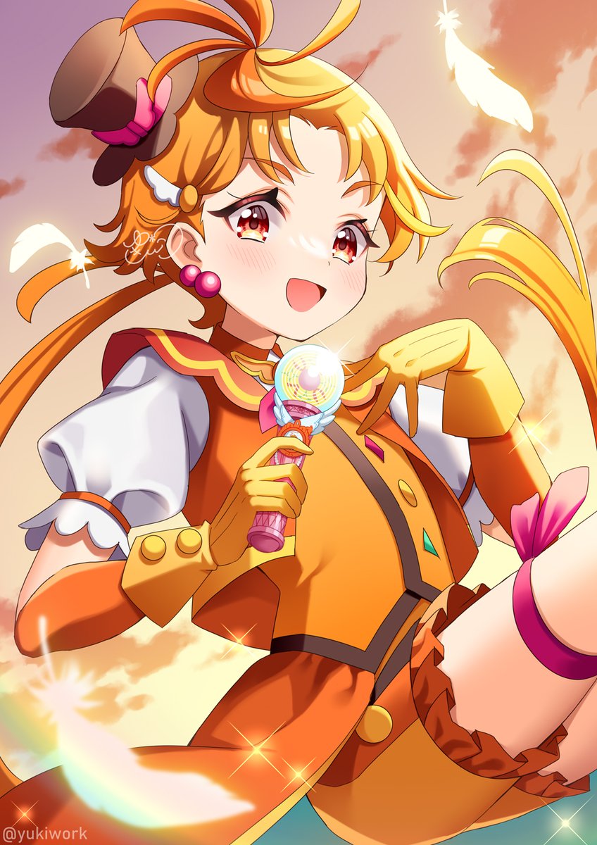 1boy black_hat blush brooch cure_wing earrings gloves hair_ornament hat highres hirogaru_sky!_precure jewelry long_hair magical_boy male_focus mini_hat mini_top_hat open_mouth orange_eyes orange_gloves orange_hair orange_shorts parted_bangs ponytail precure shorts sky_mirage solo top_hat wing_brooch wing_hair_ornament yukinko_(yukiwork) yuunagi_tsubasa