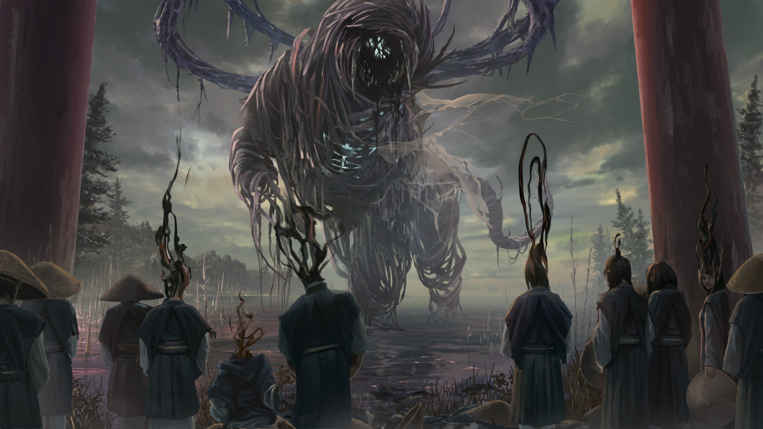 body_hair crowd eldritch_abomination hat highres monster original outdoors praying rice_hat susuwatari syourinusk torii transformation tree