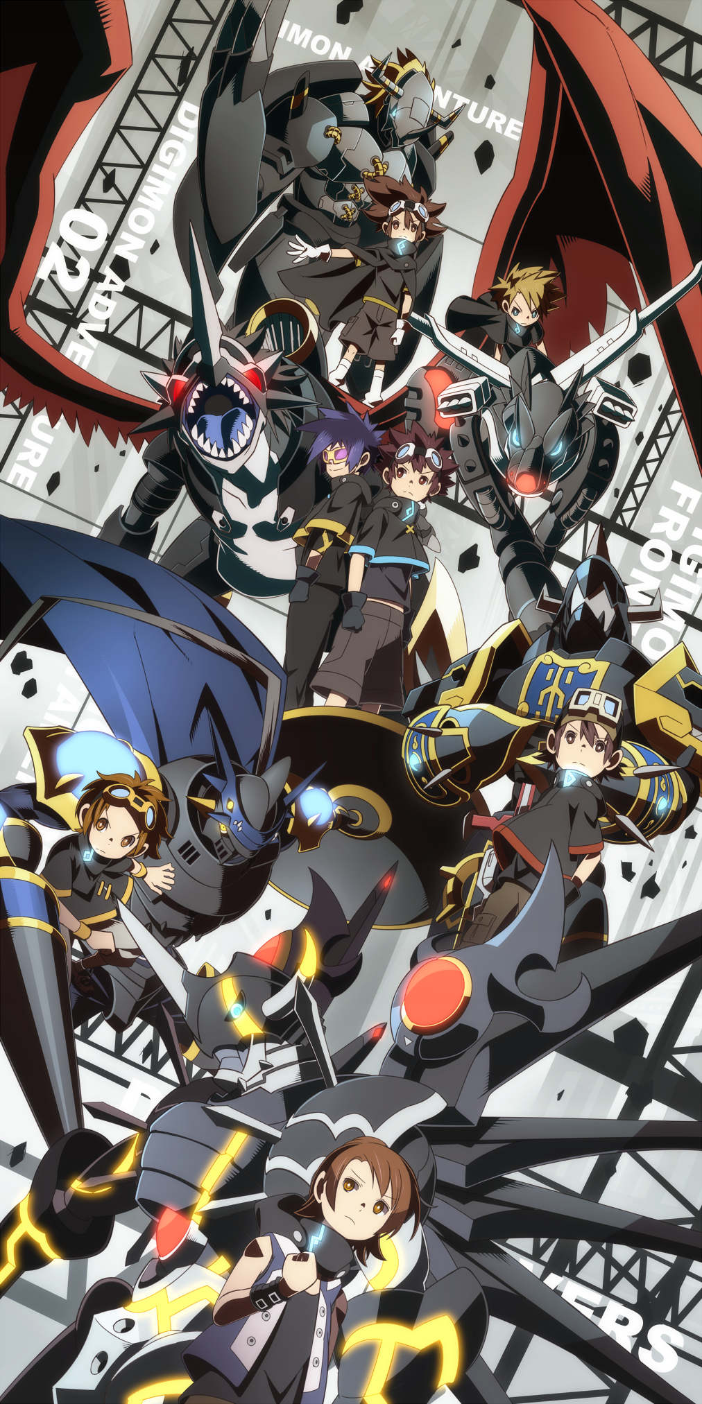 00s 6+boys armor bad_id bad_pixiv_id black_hair blackimperialdramon blackwargreymon blonde_hair blue_eyes blue_hair brown_eyes brown_hair cape chaosdukemon claws cloak copyright_name crossover daimon_masaru_(digimon_savers) dark_persona digimon digimon_(creature) digimon_adventure digimon_adventure_02 digimon_frontier digimon_kaiser digimon_savers digimon_tamers epic gauntlets gloves glowing glowing_eyes goggles hajime_(hajime-ill-1st) highres horns ichijouji_ken imperialdramon imperialdramon_dragon_mode_(black) ishida_yamato kaisergreymon kanbara_takuya knight lance male_focus matsuda_takato metalgarurumon monster motomiya_daisuke multiple_boys polearm red_eyes sharp_teeth shield shinegreymon short_hair shorts single_horn spikes sunglasses teeth vest weapon wings wristband yagami_taichi yellow_eyes