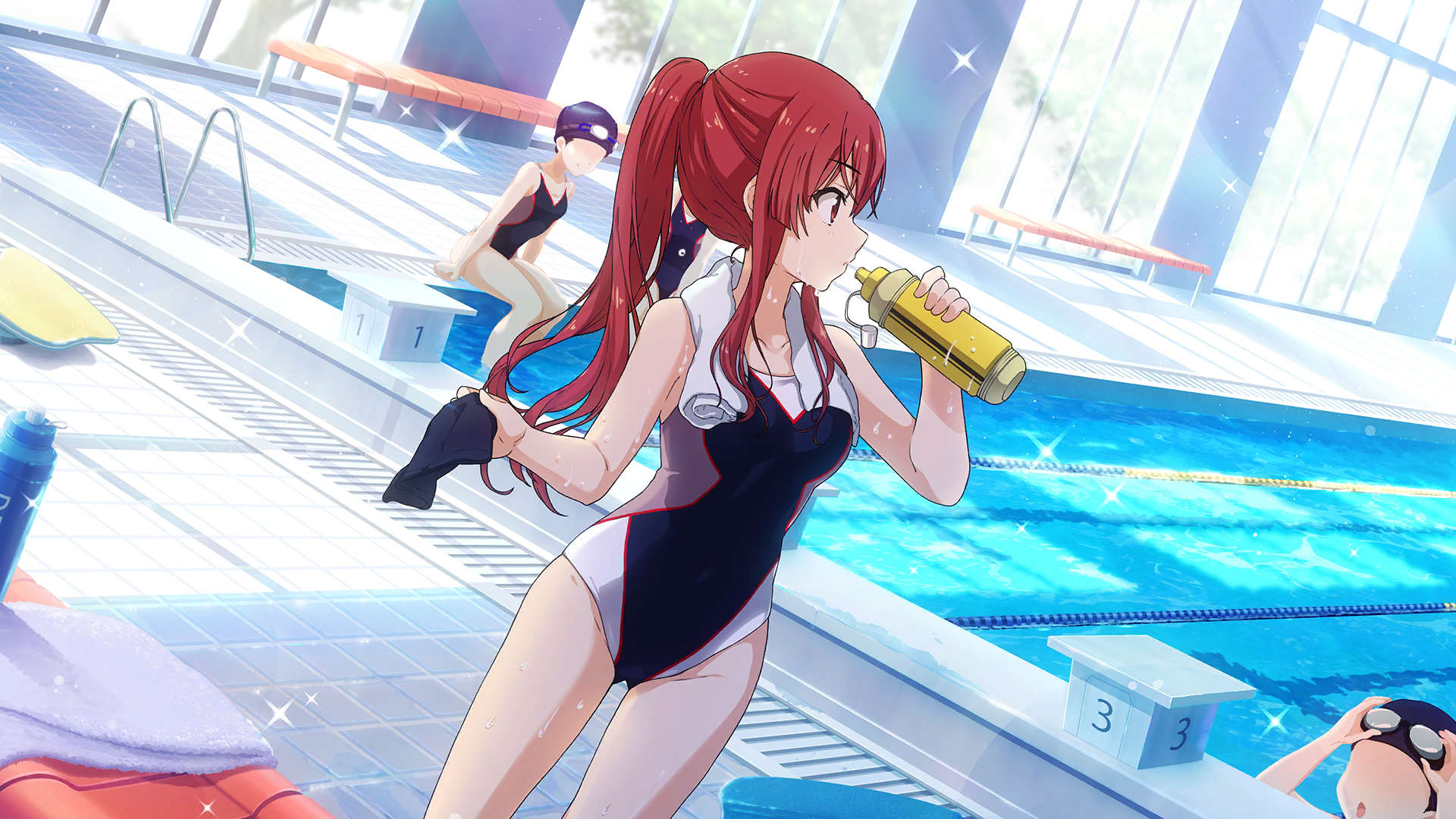 22/7 22/7_ongaku_no_jikan bench blurry bottle collarbone competition_swimsuit cowboy_shot depth_of_field drinking dutch_angle game_cg goggles goggles_on_head groin highres holding holding_bottle indoors kickboard lane_line lens_flare long_hair multiple_girls non-web_source official_alternate_hairstyle official_art one-piece_swimsuit ponytail pool pool_ladder poolside red_eyes red_hair sato_reika sidelocks solo_focus sparkle standing starting_block swimsuit towel towel_around_neck unworn_swim_cap water_bottle wet window