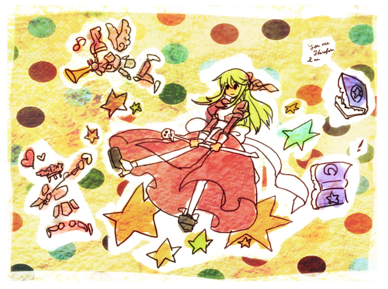 1girl back_bow bad_id blonde_hair book bow closed_mouth dress expressionless full_body hair_bow high_priest_(ragnarok_online) holding holding_staff juliet_sleeves lala_(sputnik) living_armor long_hair long_sleeves orange_bow puffy_sleeves ragnarok_online raydric raydric_archer red_dress rideword_(ragnarok_online) sash skull solo staff star_(symbol) thighhighs two-tone_dress white_bow white_dress white_sash white_thighhighs yellow_background
