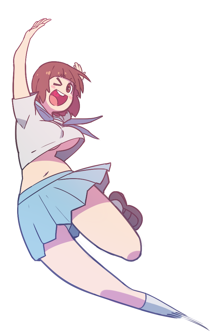 &gt;_o 10s 1girl bad_id bad_tumblr_id blue_skirt breasts brown_hair female_focus kill_la_kill large_breasts mankanshoku_mako midriff navel no_bra noill one_eye_closed running school_uniform serafuku short_hair skirt socks solo underboob white_background wink