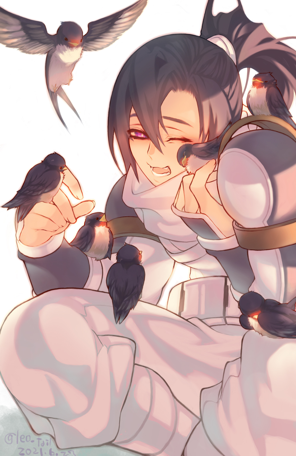 1boy animal animal_on_arm animal_on_shoulder bird bird_on_arm bird_on_hand bird_on_leg bird_on_shoulder dated flying grey_hair hair_between_eyes highres leo_tail long_hair male_focus one_eye_closed open_mouth ponytail purple_eyes solo strider_(video_game) strider_hien twitter_username