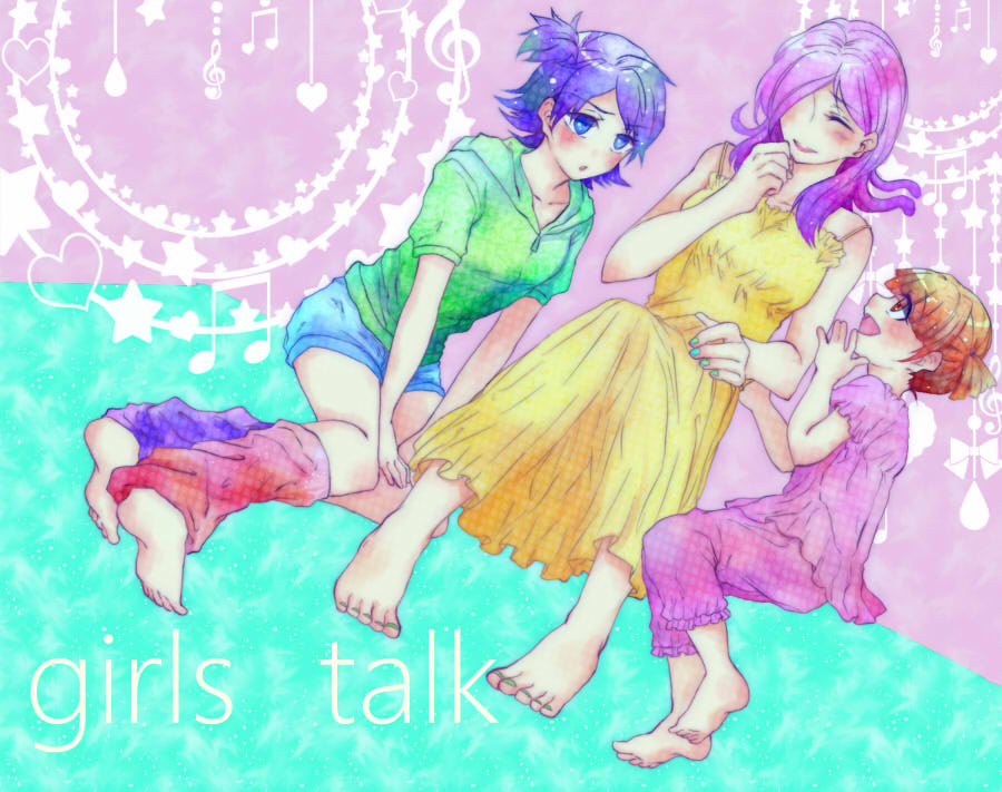 3girls alternate_costume boo_(monsters_inc.) brown_hair celia_mae child claire_wheeler curly_hair dress closed_eyes hair_over_one_eye monsters_inc. monsters_university multiple_girls personification purple_hair short_hair short_twintails sitting sleeveless sleeveless_dress smile time_paradox twintails