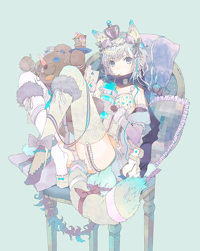 1girl animal_ears aqua_background asymmetrical_footwear asymmetrical_legwear blue_eyes book cake chair corset drink drinking_straw elbow_gloves female_focus food fur fuyuno_haruaki garter_straps gloves green_thighhighs knees_up long_hair mismatched_footwear mismatched_legwear original panties pillow scarf side-tie_panties sitting snowman solo stuffed_animal stuffed_toy tail teddy_bear thighhighs underwear white_panties white_thighhighs