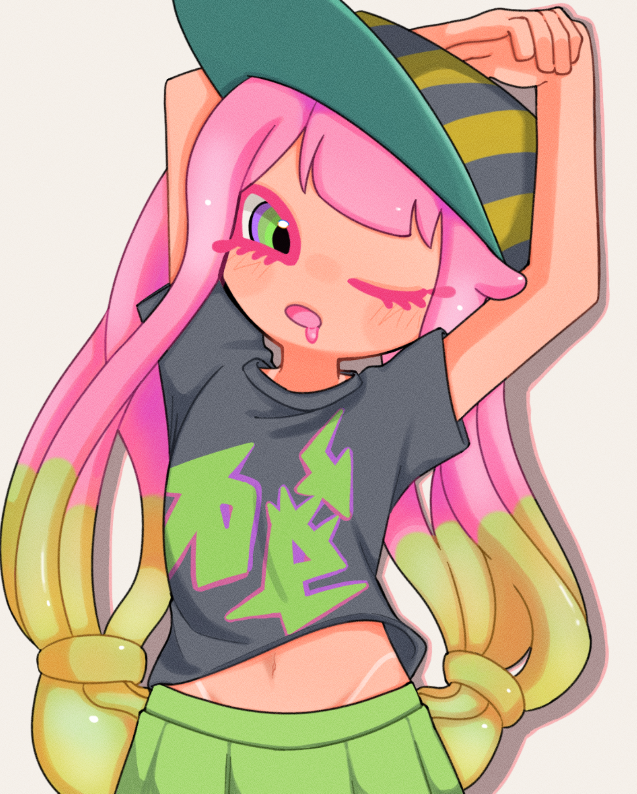 1girl absurdres arms_up baseball_cap bikini_tan black_shirt blush drooling green_eyes green_hair green_hat green_skirt grey_background harmony_(splatoon) hat highres long_hair looking_at_viewer multicolored_hair navel nintendo one_eye_closed open_mouth p_12pm pink_hair print_shirt sea_anemone shirt short_sleeves skirt splatoon_(series) splatoon_3 standing stretching striped_clothes striped_headwear tan tanline two-tone_hair