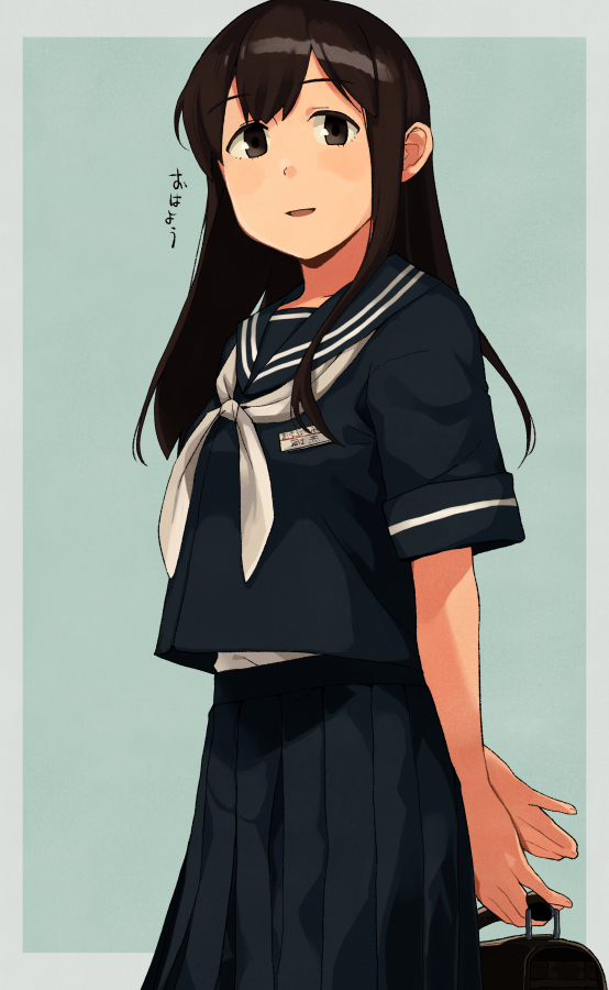 1girl akagi_(kancolle) alternate_costume blue_sailor_collar blue_serafuku blue_skirt breasts brown_eyes brown_hair holding kantai_collection long_hair looking_at_viewer makio_(makiomeigenbot) name_tag neckerchief parted_lips pleated_skirt sailor_collar school_uniform serafuku short_hair simple_background skirt small_breasts solo two-tone_background white_neckerchief