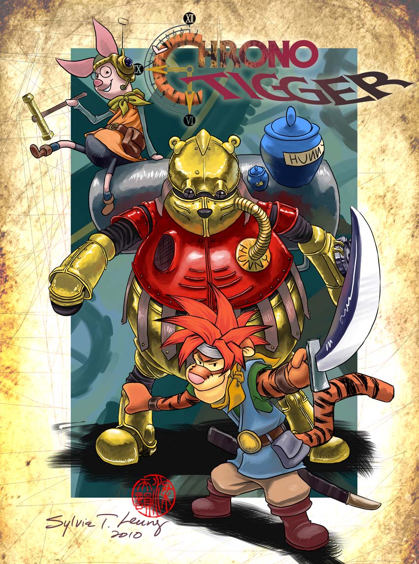10s 2010 bear bike_shorts boots chrono chrono_(series) chrono_trigger cosplay crono_(chrono_trigger) crono_(cosplay) crossover disney english_text foreshortening glasses hammer hat headband headset heart jar lucca_ashtear lucca_ashtear_(cosplay) no_humans non-humanoid_robot parody pig piglet_(winnie_the_pooh) pooh pun red_hair robo_(chrono_trigger) robo_(cosplay) robot smile spiked_hair square_enix sword sylvia_t_leung tiger tigger weapon winnie_the_pooh wristband