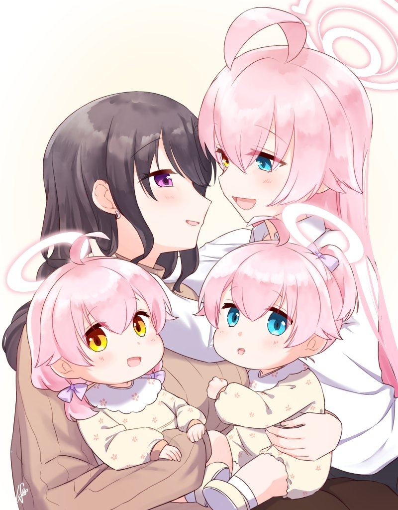 4girls ahoge baby blue_archive blue_eyes brown_sweater carrying_baby carrying_person commentary eye_contact female_sensei_(blue_archive) hair_between_eyes halo heterochromia hoshino_(blue_archive) if_they_mated long_hair long_sleeves looking_at_another looking_at_viewer mother_and_daughter multiple_girls open_mouth pink_hair pink_halo purple_eyes rarasa_(rarasa) science_babies sensei_(blue_archive) shirt simple_background smile sweater symbol-only_commentary white_shirt yellow_background yellow_eyes yuri
