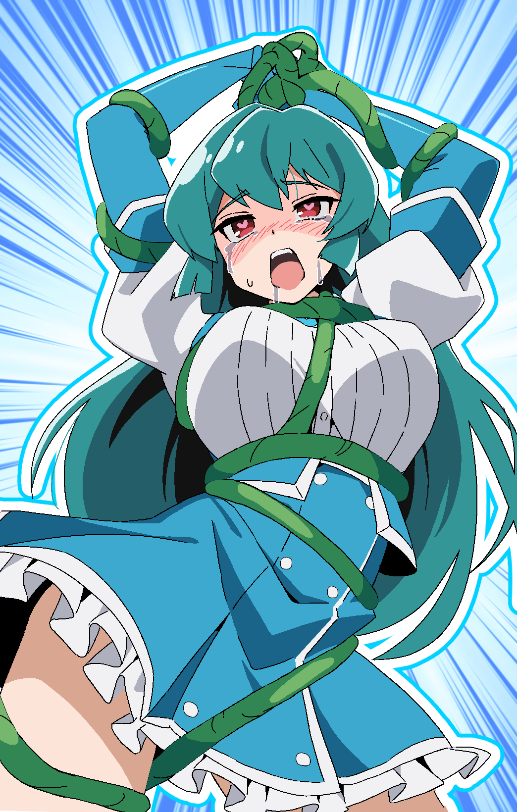 1girl arms_up bdsm blue_gloves blush bondage bound bound_wrists breasts commentary cowboy_shot drooling elbow_gloves emphasis_lines fold-over_gloves frills gloves green_hair hair_between_eyes heart heart-shaped_pupils highres large_breasts long_hair magia_azure magical_girl mahou_shoujo_ni_akogarete masochism minakami_sayo nose_blush noyama_takenoko open_mouth outline plant puffy_short_sleeves puffy_sleeves red_eyes restrained saliva short_sleeves simple_background solo symbol-shaped_pupils tears vines white_outline