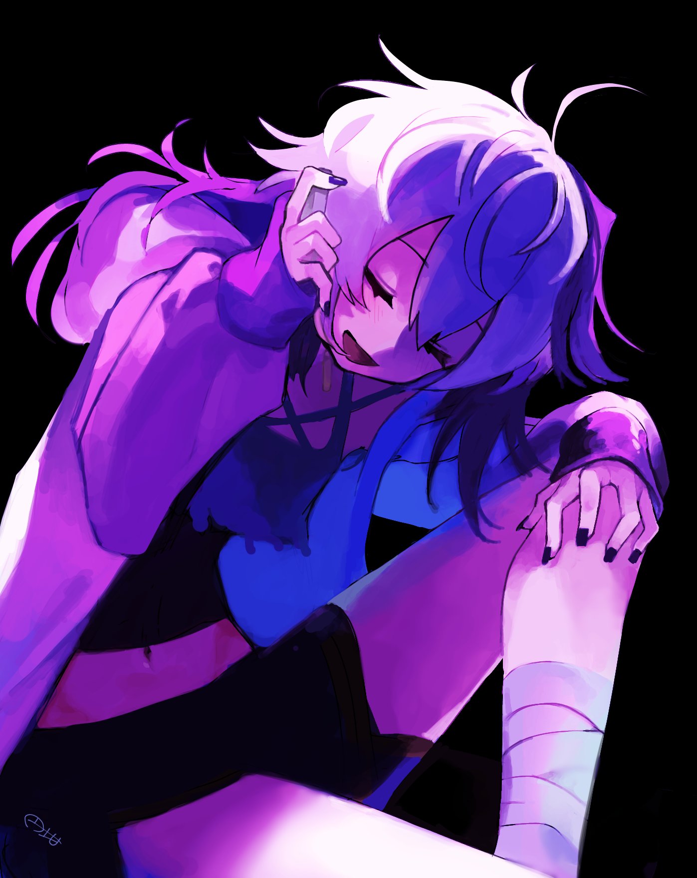 1girl ahoge bandaged_leg bandages black_background black_hair black_nails choker closed_eyes crop_top flower_(gynoid_talk) flower_(vocaloid) gynoid_talk highres jacket leg_up marutsubo midriff mullet multicolored_hair open_clothes open_jacket open_mouth oversized_jacket shorts sitting streaked_hair two-tone_hair vocaloid white_hair