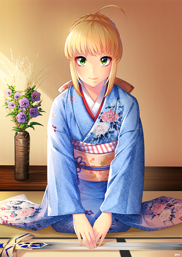 1girl ahoge alternate_costume artoria_pendragon_(fate) blonde_hair blue_kimono braid excalibur_(fate/stay_night) excalibur_(mythology) facing_viewer fate/grand_order fate_(series) female_focus floral_print flower full_body green_eyes indoors japanese_clothes kashi_kosugi kimono light_smile looking_at_viewer obi on_floor own_hands_together saber_(fate) sash seiza sidelocks sitting smile solo sword tatami weapon wide_sleeves