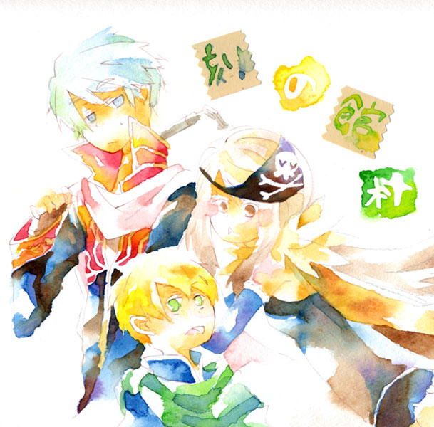 1girl 2boys alchemist_(ragnarok_online) bandana bard_(ragnarok_online) black_bandana black_coat black_dress blonde_hair brown_cape brown_eyes cape closed_mouth coat commentary_request dress expressionless green_eyes grey_eyes grey_hair long_hair long_sleeves looking_at_viewer multicolored_coat multiple_boys painting_(medium) priest_(ragnarok_online) ragfes ragnarok_online red_coat sansaro short_hair simple_background skull_and_crossbones solo traditional_media two-tone_coat upper_body watercolor_(medium) white_background