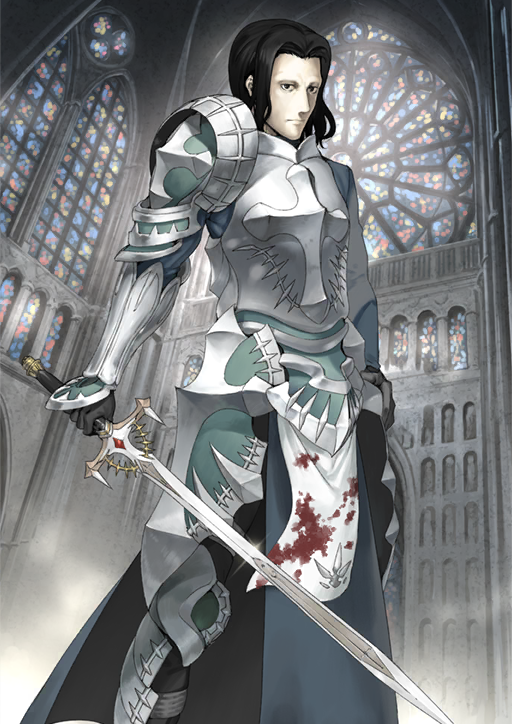 1boy armor black_eyes black_gloves black_hair blood blood_on_clothes breastplate church clenched_hand closed_mouth cross fate/grand_order fate_(series) faulds feet_out_of_frame frown full_armor gilles_de_rais_(fate) gilles_de_rais_(saber)_(fate) gloves hand_on_own_hip holding holding_sword holding_weapon indoors long_hair looking_at_viewer male_focus official_art parted_bangs pauldrons shinjirou shoulder_armor single_pauldron solo stained_glass standing sword third-party_source vambraces weapon white_armor window