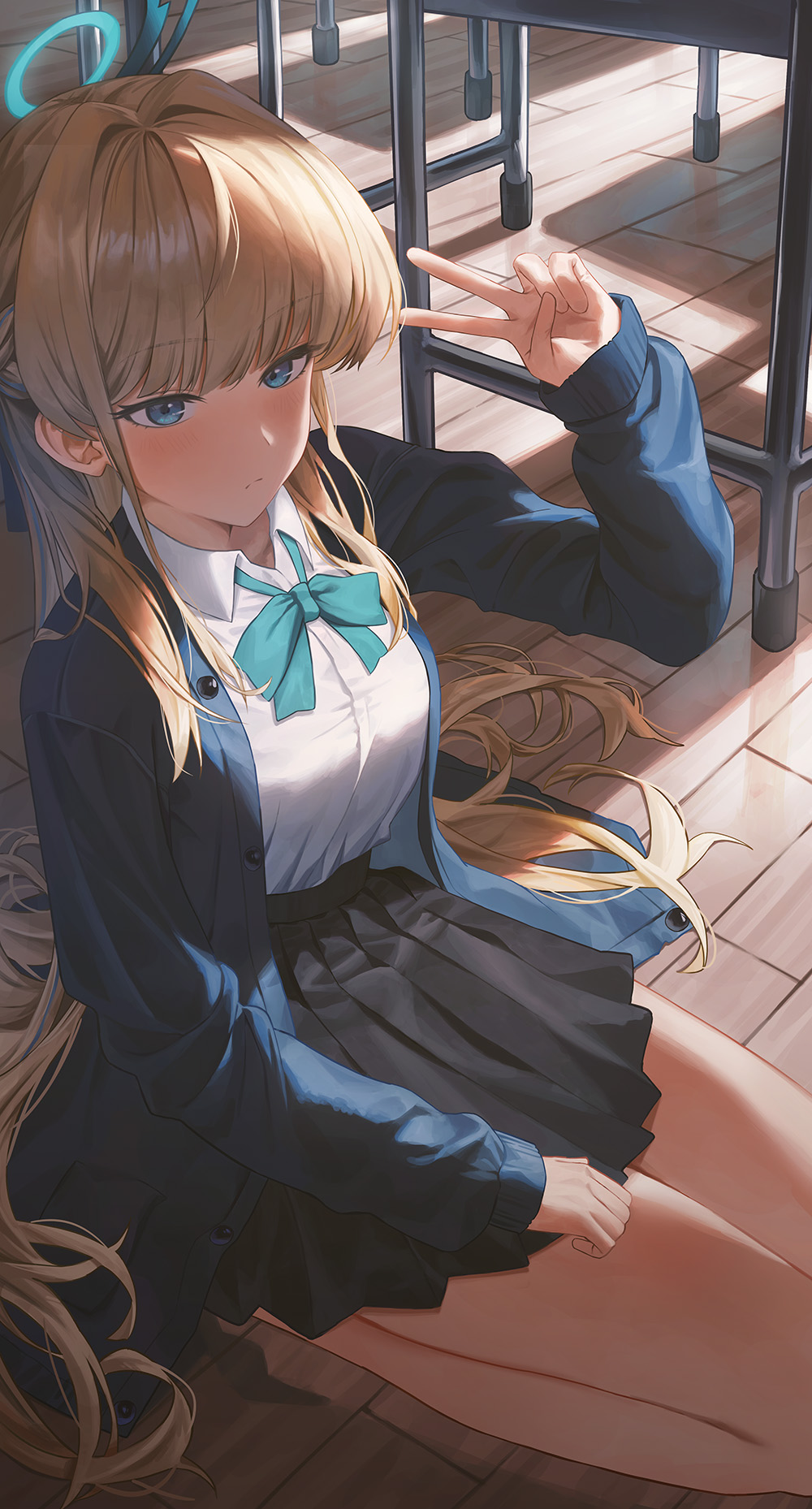 1girl black_skirt blonde_hair blue_archive blue_bow blue_cardigan blue_eyes blush bow cardigan closed_mouth highres looking_at_viewer official_alternate_costume official_alternate_hairstyle pleated_skirt seiza shirt sitting skirt solo sweetcho toki_(blue_archive) toki_(school_uniform)_(blue_archive) v white_shirt