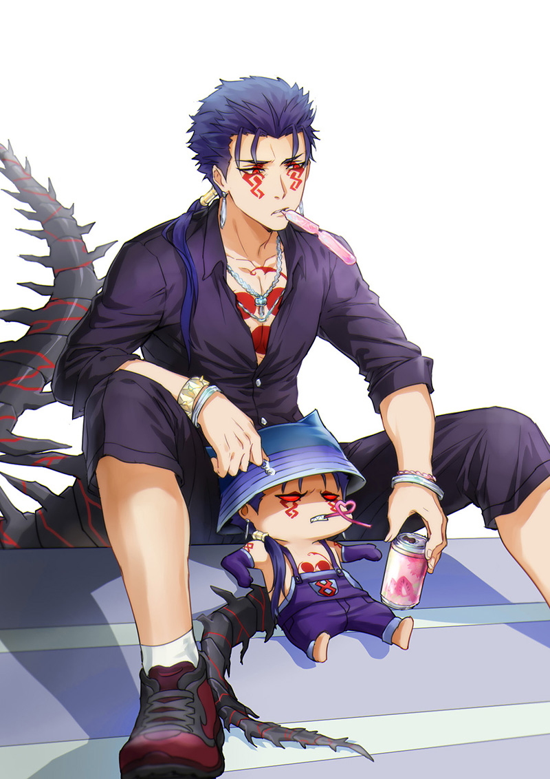 animal_hood bad_id bad_pixiv_id blue_hair capri_pants cat_hood changye chest_tattoo cu_chulainn_(fate) cu_chulainn_(fate/stay_night) cu_chulainn_alter_(fate) cu_chulainn_alter_(fate/grand_order) dual_persona earrings facepaint facial_mark fate/grand_order fate_(series) food food_in_mouth hood jewelry long_hair male_focus mini_cu-chan_(fate) necklace overalls pants ponytail popsicle popsicle_in_mouth red_eyes shoes sneakers tail tattoo