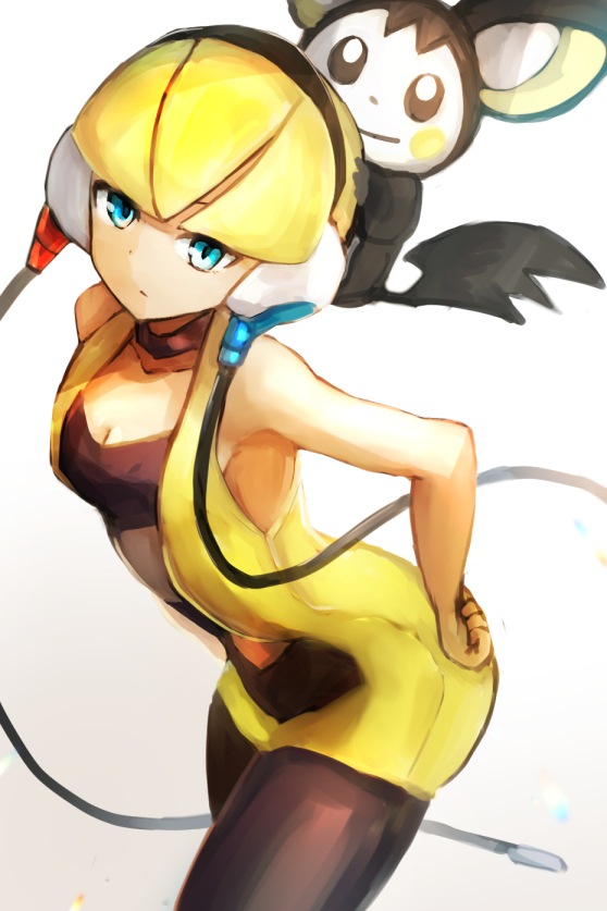1girl bare_arms bare_shoulders black_choker black_pantyhose blonde_hair blue_eyes blunt_bangs breasts choker cleavage collarbone dress elesa_(pokemon) emolga flying_squirrel gen_5_pokemon hand_on_own_hip hatano_kiyoshi headphones leaning_forward low_neckline medium_breasts nintendo pantyhose pokemon pokemon_(creature) pokemon_bw short_dress short_hair sketch sleeveless sleeveless_dress squirrel yellow_dress