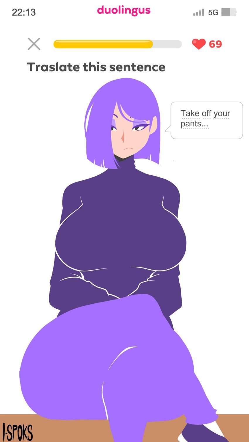 crossed_arms crossed_legs duolingo eyeliner eyeshadow highres ilustretsspoks lily_(duolingo) makeup one_eye_covered purple_hair serious short_hair sweater tagme turtleneck turtleneck_sweater wide_hips