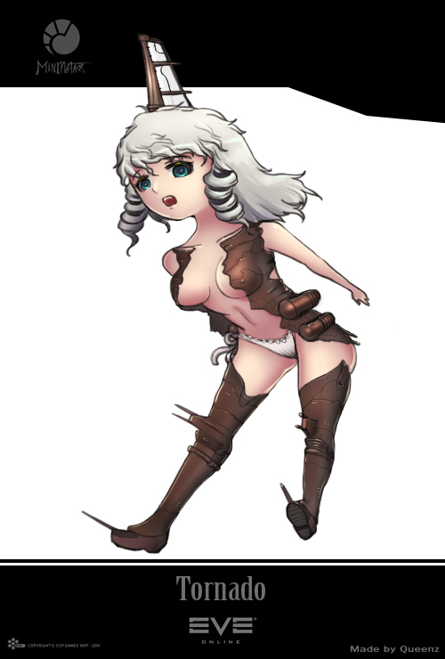 1girl artist_name attack_ship_(eve_online) bare_arms battlecruiser_(eve_online) blue_eyes breasts brown_footwear commentary company_logo company_name copyright_name covered_erect_nipples emblem eve_online grey_hair headgear leaning_forward letterboxed logo long_hair mecha_musume medium_breasts mekito1 minmatar_republic_(eve_online) open_mouth personification sleeveless solo teeth tornado_(eve_online) upper_teeth_only white_background