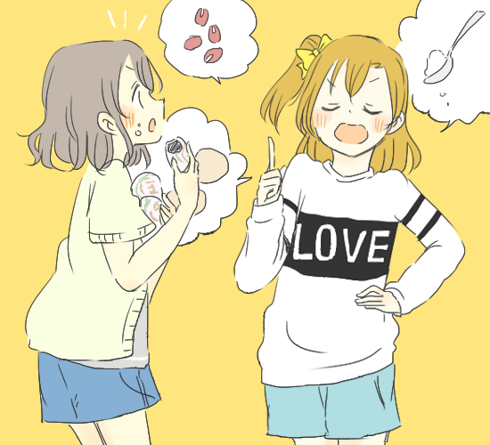 steamed_bun blue_skirt blush bow closed_eyes cocoa_bean eating food green_shorts grey_hair grey_shirt in-franchise_crossover index_finger_raised jacket kase_(ks_lys) kosaka_honoka lecturing love_live! love_live!_school_idol_project love_live!_sunshine!! red_hair shirt shorts skirt speech_bubble sweater watanabe_you white_sweater yellow_background yellow_bow yellow_jacket