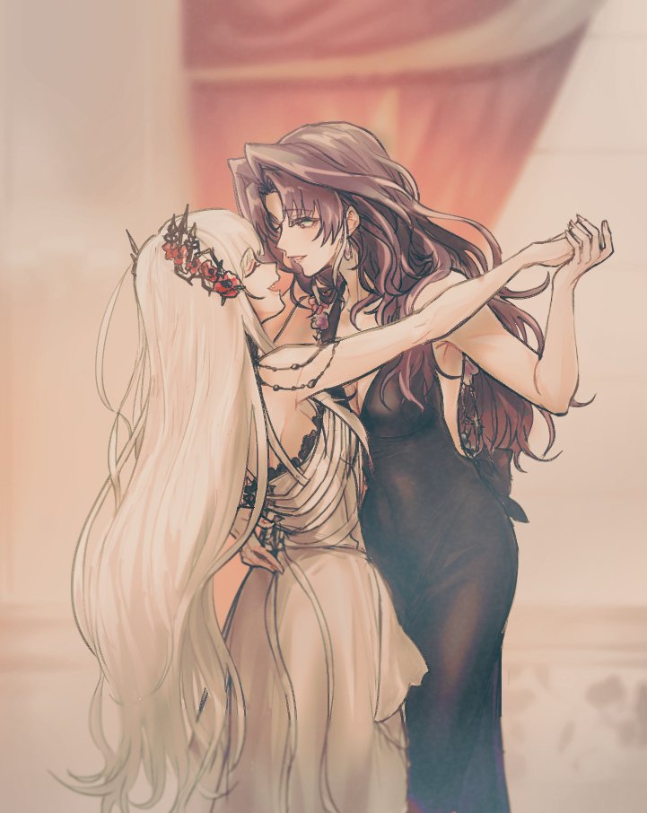 2girls arm_around_waist backless_dress backless_outfit bare_arms bare_shoulders black_dress breasts chinese_commentary cleavage commentary coquelic_(path_to_nowhere) curtained_hair dancing dress earrings face-to-face fang flower garofano_(path_to_nowhere) hair_flower hair_intakes hair_ornament halter_dress halterneck hobble_dress holding_hands jewelry kashidesu long_dress long_hair looking_at_another multiple_girls official_alternate_costume open_mouth parted_bangs path_to_nowhere poppy_(flower) purple_eyes purple_hair red_flower sleeveless sleeveless_dress smile very_long_hair waltz_(dance) wavy_hair white_dress white_hair