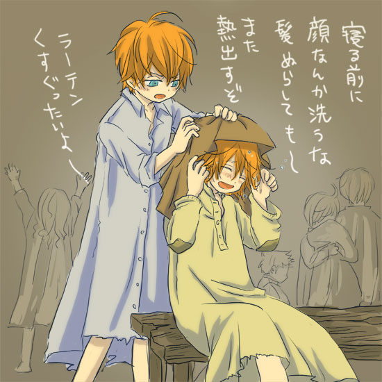 2boys blue_eyes child cousins closed_eyes kobutya4696 larten_crepsley multiple_boys open_mouth pajamas partially_translated red_hair short_hair sitting smile the_saga_of_darren_shan the_saga_of_larten_crepsley towel translation_request vur_horston aged_down