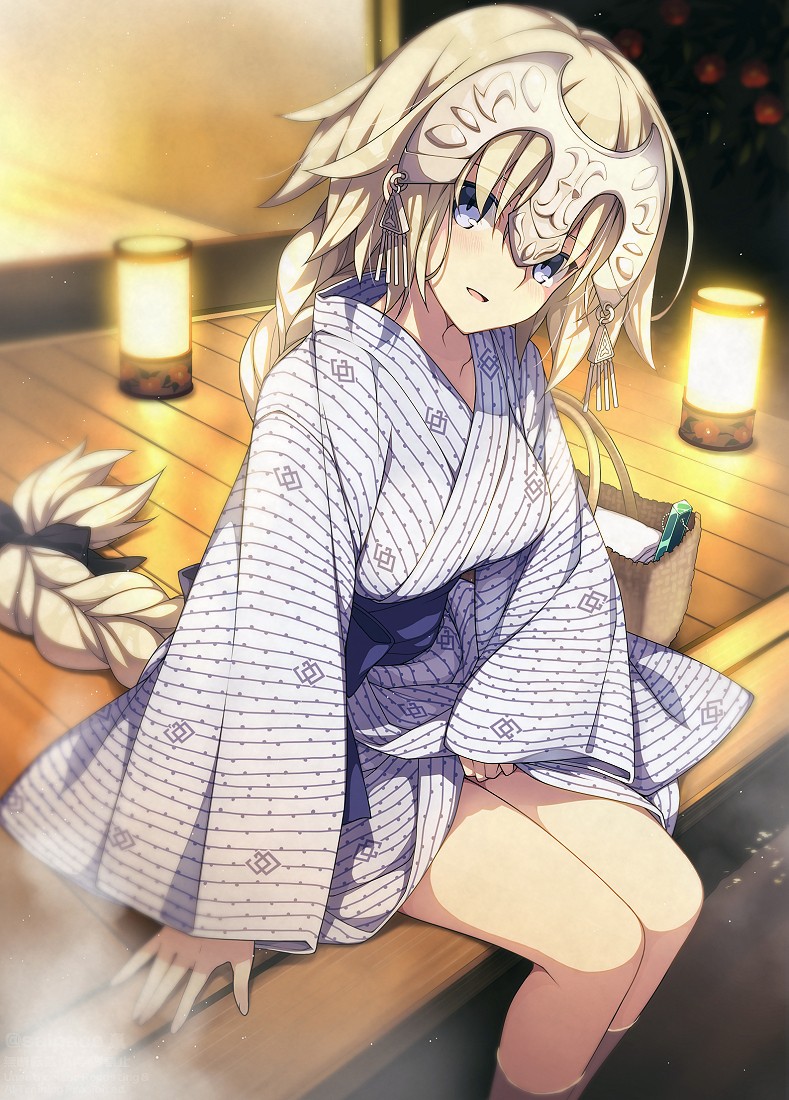 1girl arm_at_side basket bath_yukata black_ribbon blonde_hair blue_eyes blurry braid breasts chaldea_logo crystal depth_of_field fate/apocrypha fate/grand_order fate_(series) hair_ribbon head_tilt headpiece japanese_clothes jeanne_d&#039;arc_(fate) jeanne_d&#039;arc_(ruler)_(fate) kimono lantern light_particles long_hair long_sleeves looking_at_viewer medium_breasts night onsen open_mouth revision ribbon saipaco sash single_braid sitting sleeves_past_wrists smile soaking_feet solo steam towel transparent very_long_hair water wide_sleeves wooden_floor yukata