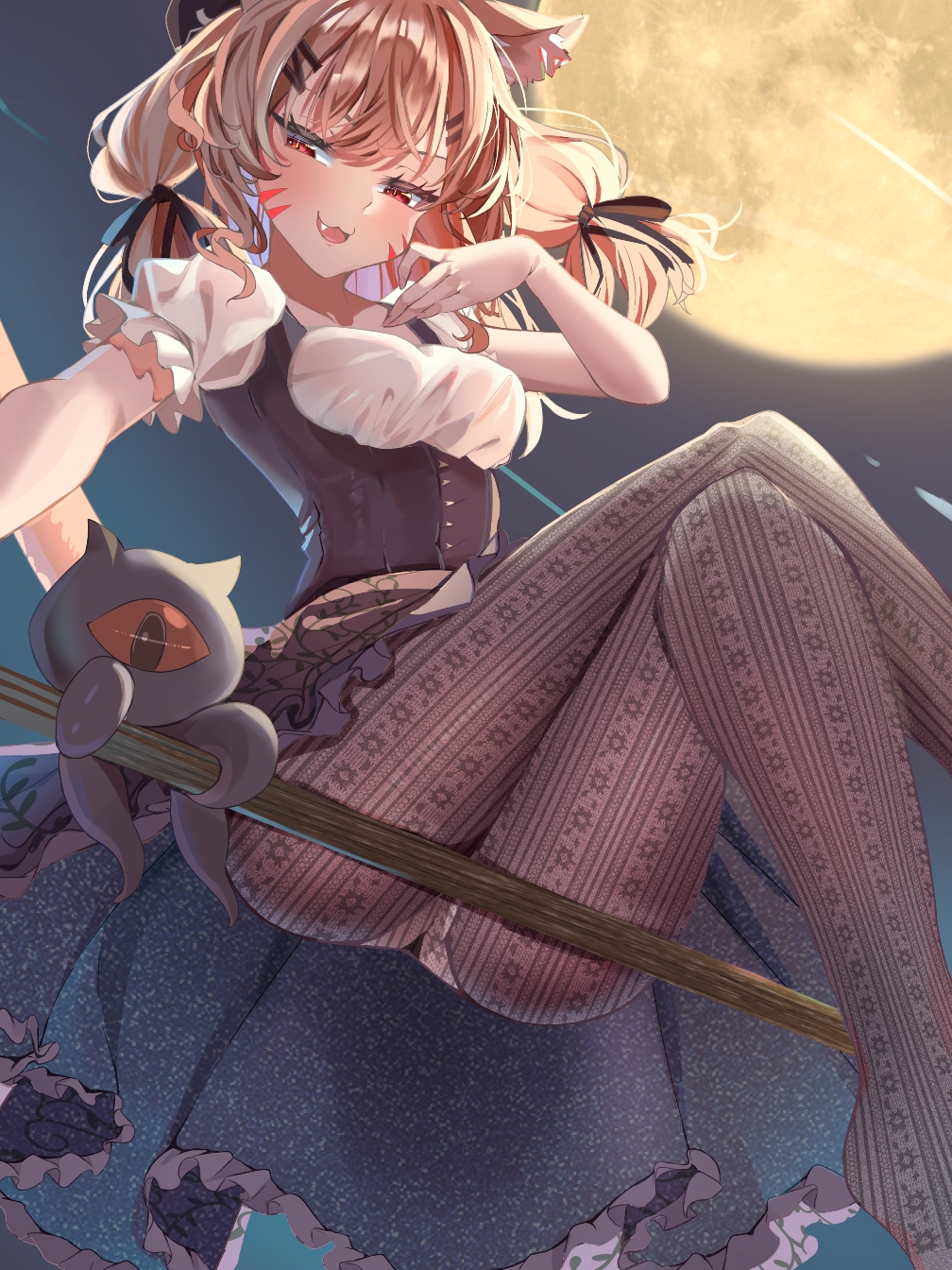 1girl alheitrakzoth animal_ear_fluff animal_ears black_pantyhose blonde_hair breasts broom broom_riding cat_ears cat_girl cat_tail colored_inner_hair crossed_legs facial_mark fang frilled_skirt frills full_moon hat highres indie_virtual_youtuber long_hair looking_at_viewer medium_breasts momdy_(talesshinja) moon multicolored_hair open_mouth pantyhose puffy_short_sleeves puffy_sleeves purple_hair red_eyes second-party_source short_sleeves shyrei_faolan skirt tail two-tone_hair virtual_youtuber whisker_markings witch