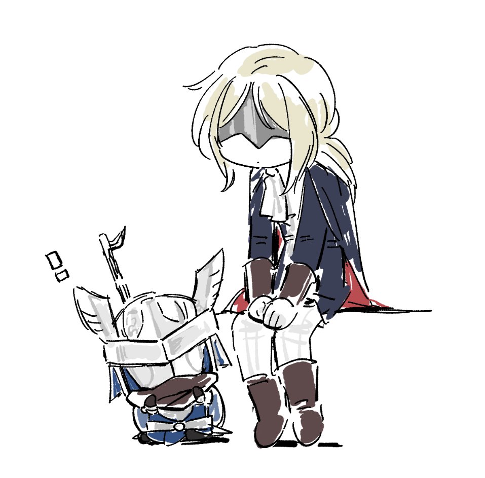 1boy 1girl anse1289567 armor ascot blindfold blonde_hair brother_and_sister duchess_(elden_ring) elden_ring elden_ring_nightreign gloves holding long_hair ponytail siblings simple_background weapon white_ascot white_gloves wylder_(elden_ring)