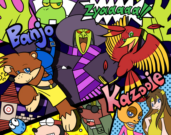 2girls angry backpack bad_id bad_pixiv_id bag banjo-kazooie banjo-tooie banjo_(banjo-kazooie) bbdd blue_eyes bottles_(banjo-kazooie) brown_hair crossover egg feathers green_eyes gruntilda_winkybunion hat humba_wumba_(banjo-kazooie) jamjars_(banjo-kazooie) jewelry kazooie_(banjo-kazooie) klungo_(banjo-kazooie) moon multiple_girls mumbo_jumbo_(banjo-kazooie) necklace neku_(bbdd) panty_&amp;_stocking_with_garterbelt parody randoseru rareware style_parody tower wings