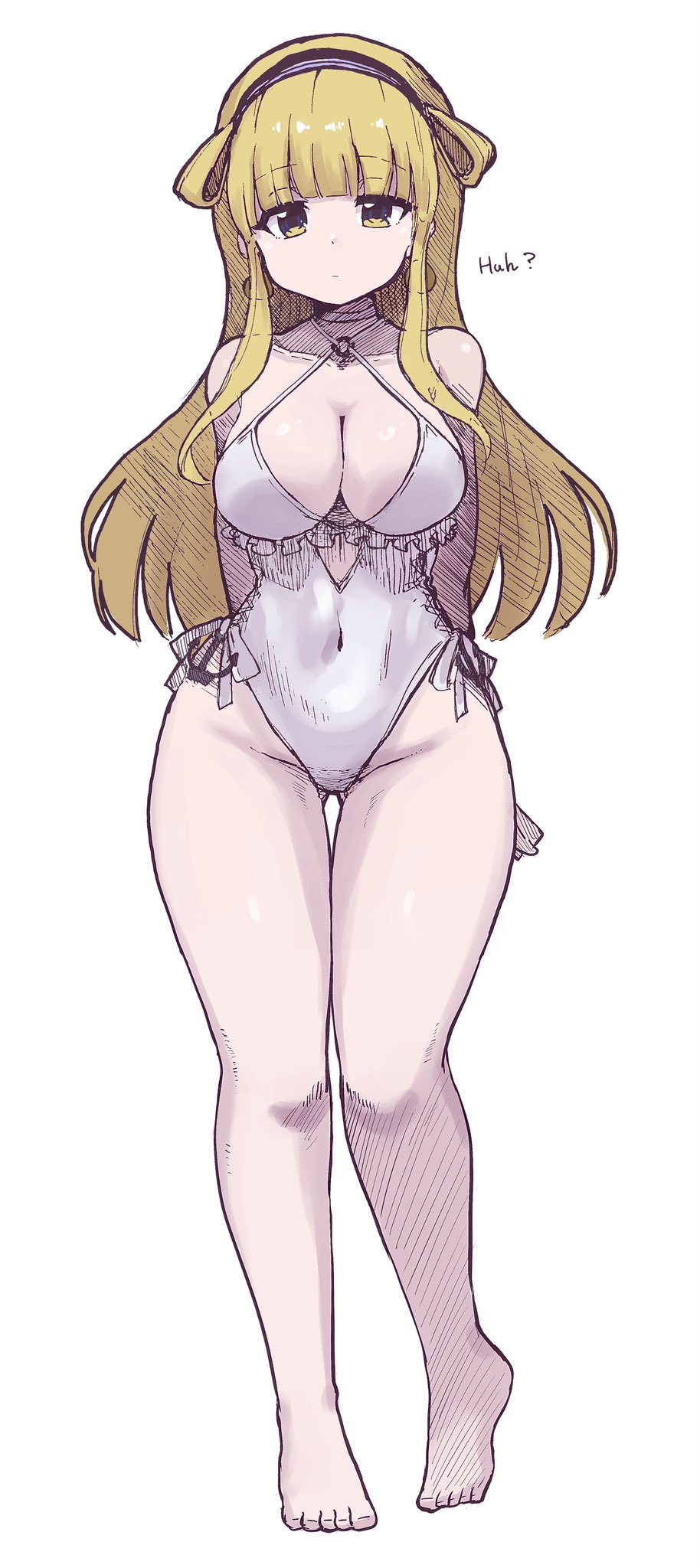 1girl anchor_ornament blonde_hair blue_eyes breasts casual_one-piece_swimsuit cosplay cross-laced_clothes cross-laced_one-piece_swimsuit double_bun fletcher_(kancolle) frilled_one-piece_swimsuit frills hair_bun hair_ornament hairband highres kantai_collection large_breasts long_hair one-piece_swimsuit sagiri_(kancolle) sagiri_(kancolle)_(cosplay) sagiri_(swimsuit)_(kancolle) side-tie_swimsuit solo swimsuit unagiman upper_body white_one-piece_swimsuit
