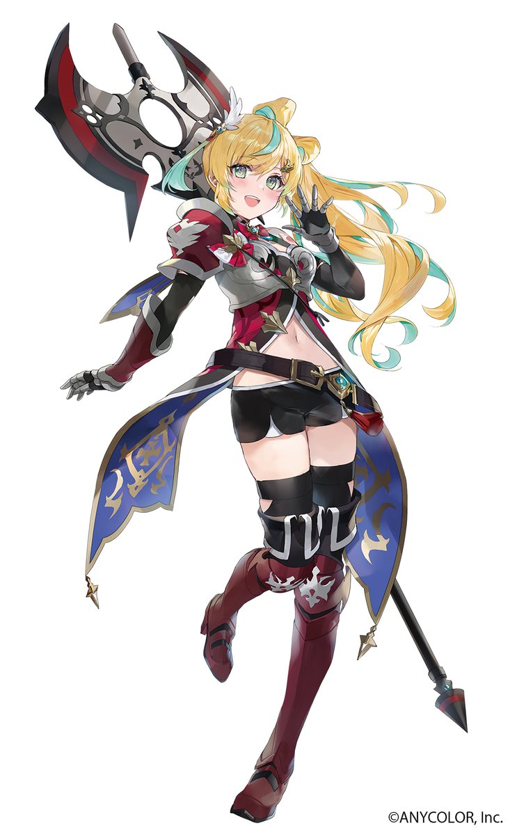 1girl :d aqua_hair armor armored_boots axe battle_axe belt belt_buckle black_belt black_dress black_gloves black_shorts black_thighhighs blonde_hair blush boots bow bow-shaped_hair breastplate breasts buckle cleavage_cutout clothing_cutout colored_inner_hair commentary_request company_name copyright_notice double-sided_axe dress elbow_gloves eyelashes floating_hair gloves green_eyes hair_between_eyes hair_ornament hairclip hand_up high_heel_boots high_heels highres leg_up long_hair looking_at_viewer medium_breasts multicolored_hair navel nijisanji official_art open_mouth pauldrons red_boots red_dress second-party_source short_shorts shorts shoulder_armor side_ponytail simple_background single_pauldron sleeveless sleeveless_dress smile solo soraneko_hino stomach streaked_hair tachitsute_toto tachitsute_toto_(1st_costume) tassel teeth thighhighs upper_teeth_only vambraces virtual_youtuber weapon weapon_on_back white_background
