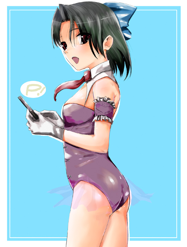 00s 1girl arm_garter black_hair blue_background bodysuit breasts collar female_focus frills gloves hair_ribbon kiyoura_setsuna kokeshi_men leotard looking_at_viewer necktie open_mouth red_eyes ribbon school_days short_hair sideboob simple_background solo standing