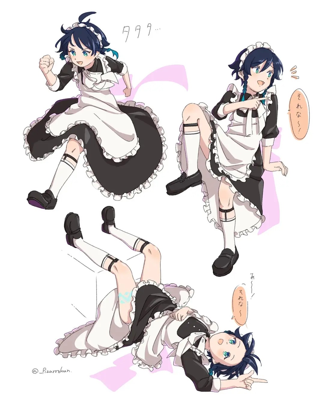 apron aqua_eyes black_dress black_shoes blue_hair dress highres leg_tattoo leg_up legs_up looking_to_the_side lying maid maid_apron maid_headdress pizarrokun pointing running shoes sitting socks speech_bubble tattoo three-quarter_sleeves translation_request trap twitter_username venti_(genshin_impact) white_apron white_background white_socks