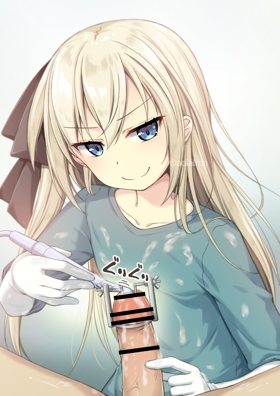 1boy 1girl aoi_aruma bar_censor blonde_hair blue_eyes censored cum elbow_gloves femdom flat_chest gloves hetero highres long_hair male_urethral_insertion maxal original penis smile smug sounding urethral_insertion white_gloves