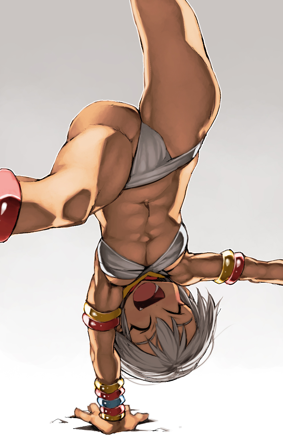 1girl ^_^ abs ass bikini bracelet breasts closed_eyes closed_mouth dark-skinned_female dark_skin elena_(street_fighter) handstand highres jewelry medium_breasts muscular muscular_female navel one_arm_handstand open_mouth short_hair smile solo stomach street_fighter swimsuit white_background white_bikini white_hair ysk!