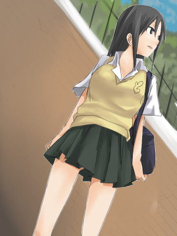 00s 1girl bk black_hair dennou_coil female_focus harakawa_tamako lowres mudo_(saji) school_uniform serafuku solo sweater sweater_vest vest