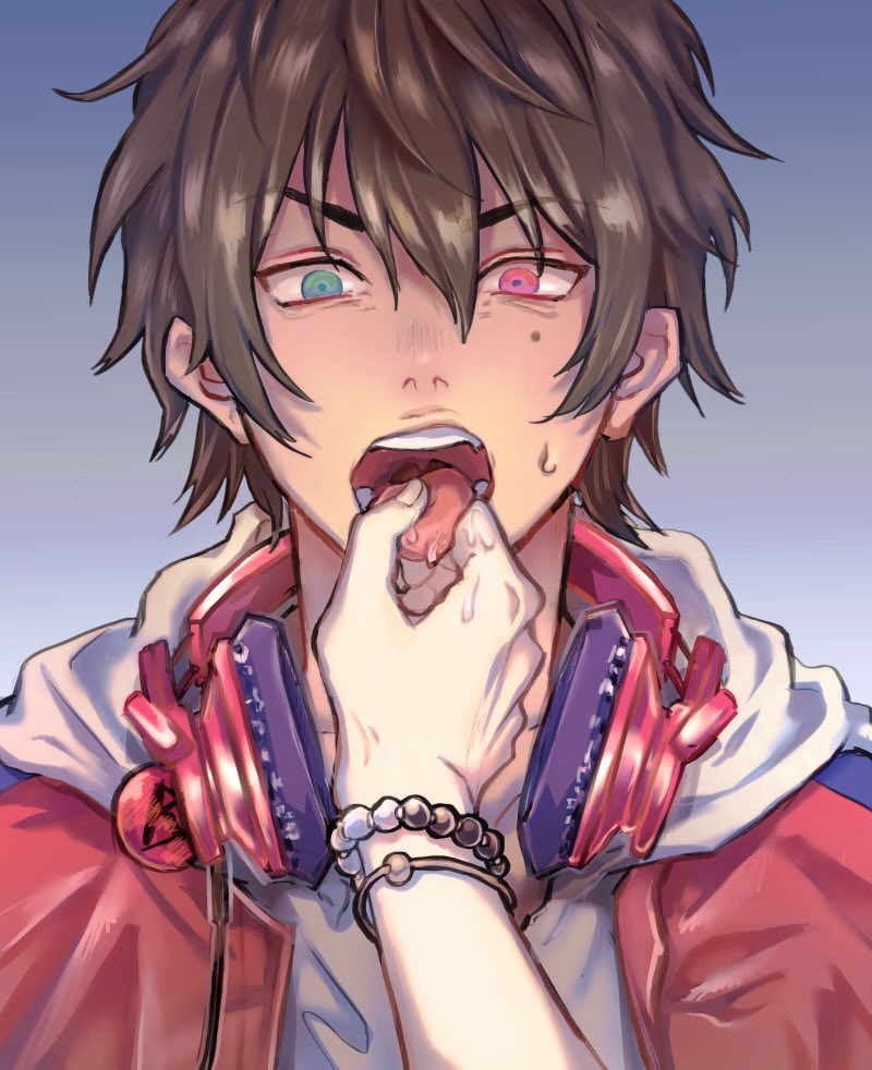 2boys annoyed aohitsugi_samatoki badge bead_bracelet beads black_hair blue_background bracelet button_badge fang fingernails gradient_background green_eyes hair_between_eyes headphones headphones_around_neck heterochromia hood hood_down hoodie hypnosis_mic jacket jacket_over_hoodie jewelry looking_at_viewer male_focus mole mole_under_eye multiple_boys multiple_bracelets open_mouth pale_skin portrait pov pov_hands red_eyes red_jacket saliva saliva_on_hand short_hair solo_focus straight-on sweatdrop takako_(katakoto) teeth tongue tongue_grab tongue_out v-shaped_eyebrows white_hoodie wispy_bangs yamada_ichiro yaoi