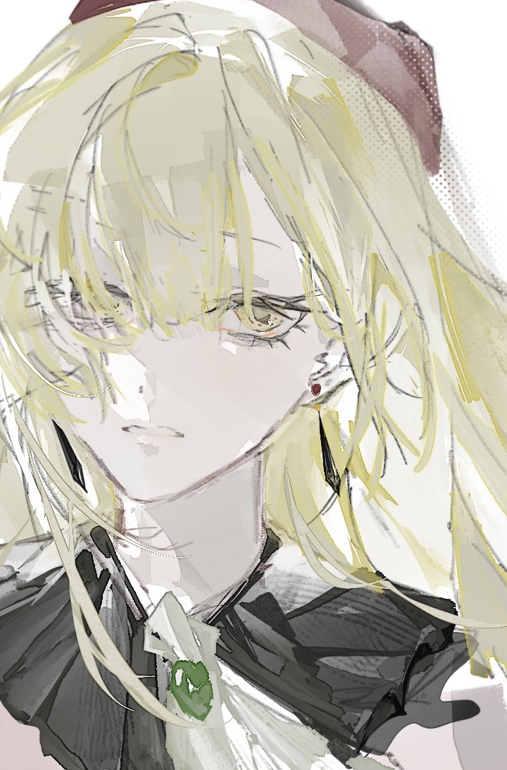 1girl ascot bang_dream! bang_dream!_it&#039;s_mygo!!!!! beret earrings green_brooch green_hair hat jewelry looking_at_viewer mortis_(bang_dream!) mortis_(costume)_(bang_dream!) open_mouth sketch solo wakaba_mutsumi white_ascot white_background yellow_eyes yi_chuan_xian_hua
