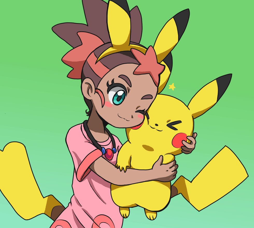&gt;_&lt; 1girl ;) affectionate animal_ears blush_stickers brown_hair closed_eyes closed_mouth commentary_request cuddling eyelashes game_freak gen_1_pokemon green_background green_eyes hairband holding holding_pokemon jewelry mimo_(pokemon) multicolored_hair necklace nintendo one_eye_closed pikachu pikachu_ears pikachu_tail pink_shirt pokemon pokemon_(anime) pokemon_(creature) pokemon_sm_(anime) pokemon_tail red_hair shirt short_hair short_sleeves smile star_(symbol) tail takamame two-tone_hair yellow_hairband