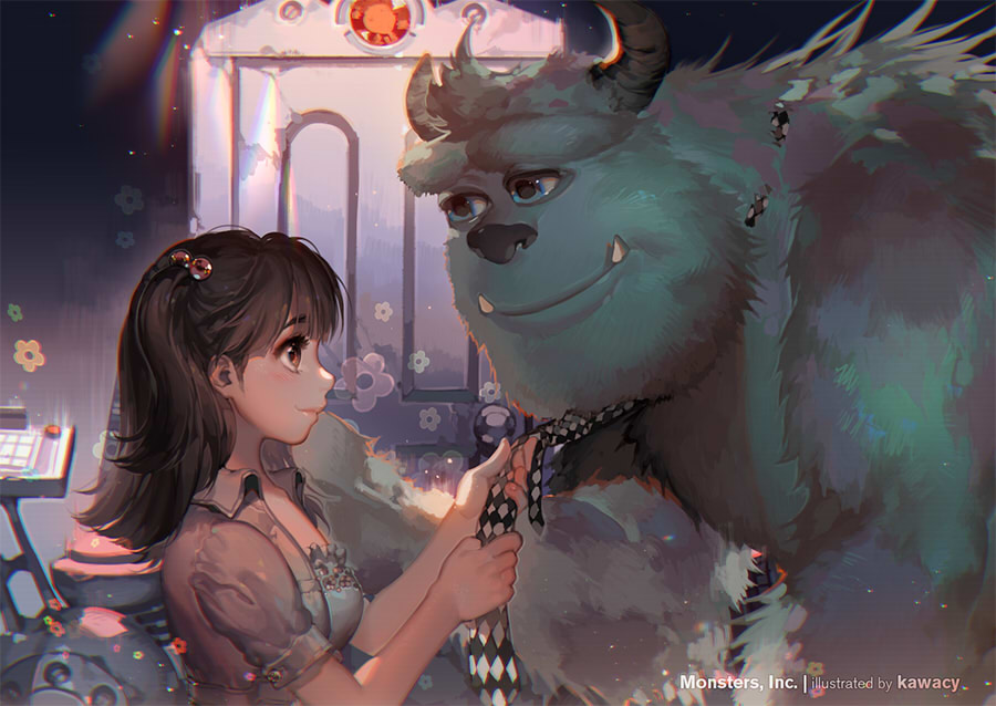 1girl adjusting_another&#039;s_clothes adjusting_clothes adjusting_necktie aged_up black_hair blue_eyes boo_(monsters_inc.) commentary hair_bobbles hair_ornament horns james_p._sullivan kawacy long_hair monster monsters_inc. necktie red_eyes smile tusks