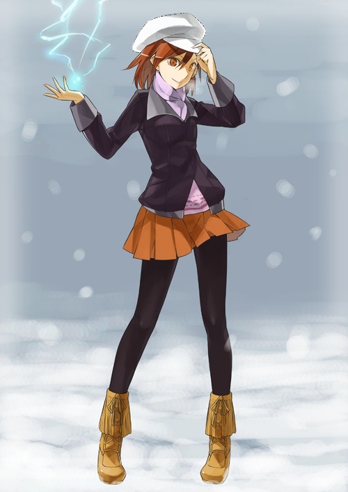 1girl biribiri boots breath brown_eyes brown_hair electricity electrokinesis fantasy female_focus gajuumaru glowing hat legs misaka_mikoto pantyhose psychic science_fiction skirt snow solo toaru_kagaku_no_railgun toaru_majutsu_no_index winter_clothes