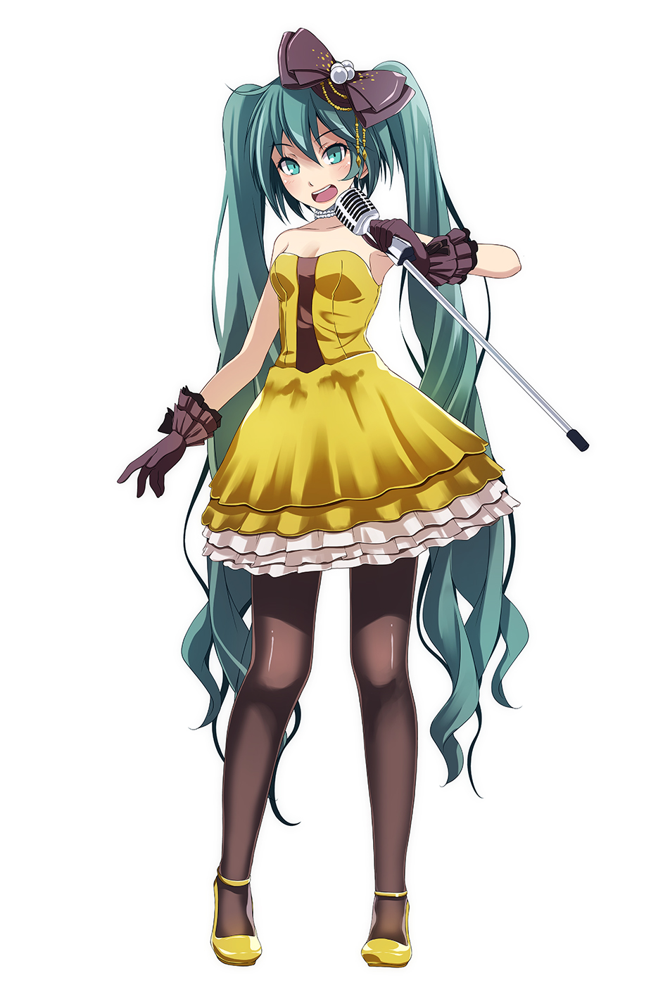 1girl absurdly_long_hair anklet anniversary aqua_eyes aqua_hair armpits artist_name artist_request bare_shoulders birthday black_bow black_gloves black_pantyhose blue_eyes blue_hair bow breasts choker cleavage collarbone dress female_focus frilled_dress frilled_skirt frills full_body gloves hair_between_eyes hair_bow hair_ornament happy_birthday hatsune_miku hatsune_miku_(siren) high_heels highres holding holding_microphone holding_microphone_stand jewelry kochira_koufuku_anshin_iinkai_desu_(vocaloid) lace lace-trimmed_gloves lace_trim layered_dress long_hair long_twintails looking_at_viewer medium_breasts microphone microphone_stand miniskirt open_mouth pantyhose parted_lips plaid_clothes plaid_dress plaid_skirt pleated pleated_dress pleated_skirt pumps shiny_clothes shiny_legwear shoes short_dress simple_background skirt sleeveless sleeveless_dress small_breasts smile solo standing strapless strapless_dress teeth tsukishiro_saika twintails v-shaped_eyebrows very_long_hair vocaloid white_background white_skirt wrist_bow yellow_dress yellow_shoes yellow_skirt