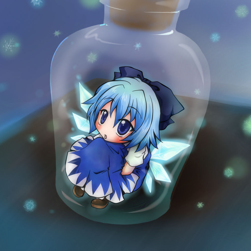 1girl blue_bow blue_dress blue_eyes blue_hair blush bottle bow cirno commentary_request cork corked_bottle dress full_body hair_bow ice ice_wings in_bottle in_container kamui_setsuna looking_at_viewer mini_person minigirl nintendo open_mouth short_hair solo the_legend_of_zelda touhou wings